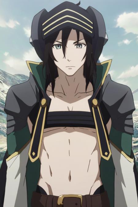 Goldov Auora black hair long hair green-gray eyes black headband with green stripes, big headgear, pauldrons, tattered cape, shirtless, black chest strap with green stripes, detached long sleeves, gray sleeves, black gloves, belt, black pants, poleyns, black shoes