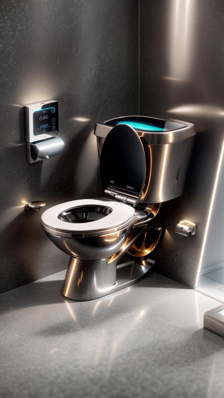 A futuristic toilet sits gracefully in the middle of a high-tech restroom in the city of the future. The toilet is designed with sleek and minimalistic aesthetics, made of stainless steel and glass, emanating a soft neon glow. As people approach it, the toilet activates its self-cleaning and auto-sanitizing mechanisms, creating an efficient and convenient experience. The touch-sensitive interface adds a modern touch to the whole setup. The digital rendering emphasizes every intricate detail, resulting in a high-definition 4K image that showcases the toilet's futuristic allure. <lora:more_details:0.4> <lora:add_detail:0.4> <lora:AntimatterTech:0.4> <lora:Neonpunkai-8:0.6>