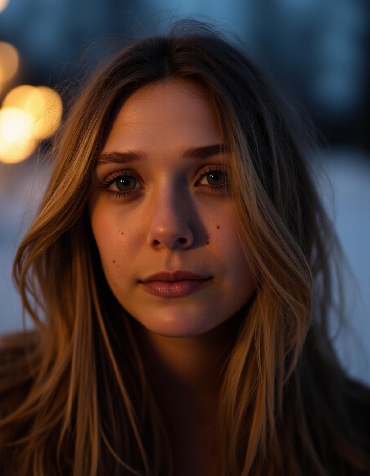 Instagram photo of a woman with freckles on her face in the winter outdoors silhouette illumination of her hair. Taken with a ProPhoto iPhone camera.   <lora:Elizabeth_Olsen_2012_FLUX_epoch_46:1>