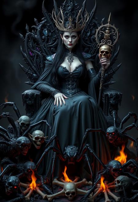 An evil queen seated on a throne made of black bones and dark crystals. She has long, abyssal black hair and glowing red eyes filled with malevolence. She wears a crown of silver thorns and a cloak of smoke and shadows that seems to move as if alive. Her outfit is a combination of dark metal and tattered fabrics, with a partially open corset that sensually reveals part of her chest, adorned with ancient runes and cursed stones emitting a violet glow. In her right hand, she holds a scepter carved with occult symbols, with a skull set at its base. At her feet, goblins kneel in submission, their twisted faces filled with fear and devotion, while decaying zombies stagger nearby, reaching out with skeletal hands. Giant spiders with glistening black bodies crawl around, weaving webs between the bones scattered on the ground. The throne is surrounded by black flames that rise and fall like restless spirits. The image is crafted in the style of Tim Walker’s photography, with a gothic and surreal atmosphere, rich colors, and high contrast to emphasize the visual drama and cinematic effect