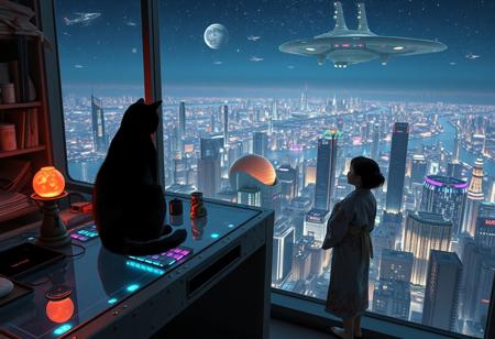 Jiji, the cat from Kiki's Delivery Service sits on a cluttered metal riveted desk with transparent top and rgb led computer components visible inside, On the desk are a maneki neko statue and a lava lamp, Jiji the Black Cat is looking out of a seamless and futuristic floor to ceiling window that looks out at a very high view from an apartment on the 400th floor of a futuristic Tokyo skyscraper, the year is 2250, The city has thousands of enormous wide and tall futuristic skyscrapers and space ships covered with lights in the sky, (((Kiki from Kiki's Delivery Service, 24 years old, is standing next to the cat looking out at the enormous city at night, filled with buildings of many shapes and sizes, some over a mile tall))), Kiki is dressed in an ornate Japanese style bath robe. An enormous deco starship with futuristic lighting and design is visible high above the city, and a space station is visible in the background among the stars, many many small flying personal transports are flying around the city, multiple elevated train tubes are visible moving between large buildings, The woman's hair is messy from just waking up and tied up with a ribbon. Artistic cyberpunk, dynamic perspective, The focus is on Jiji and Kiki standing together looking out the window at the view together, (((overall architectural aesthetic is Art Deco Cyberpunk))).  Mt Fuji can be seen in the far distance,