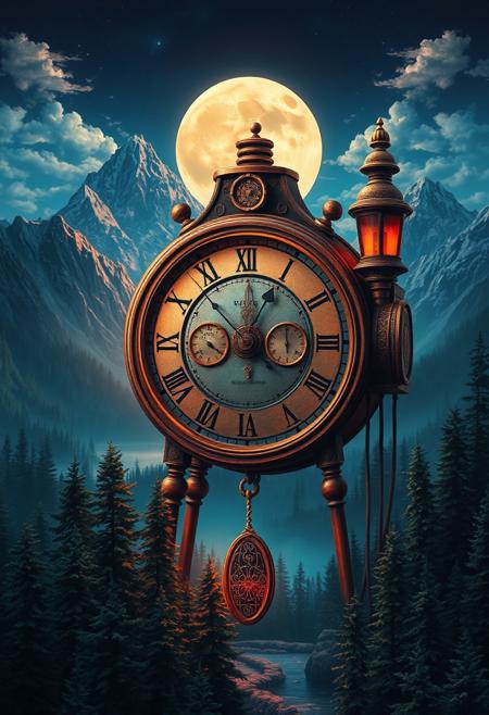 steampunk, clock, moon, mountains, forests, lakes, vivid colour, fantasy