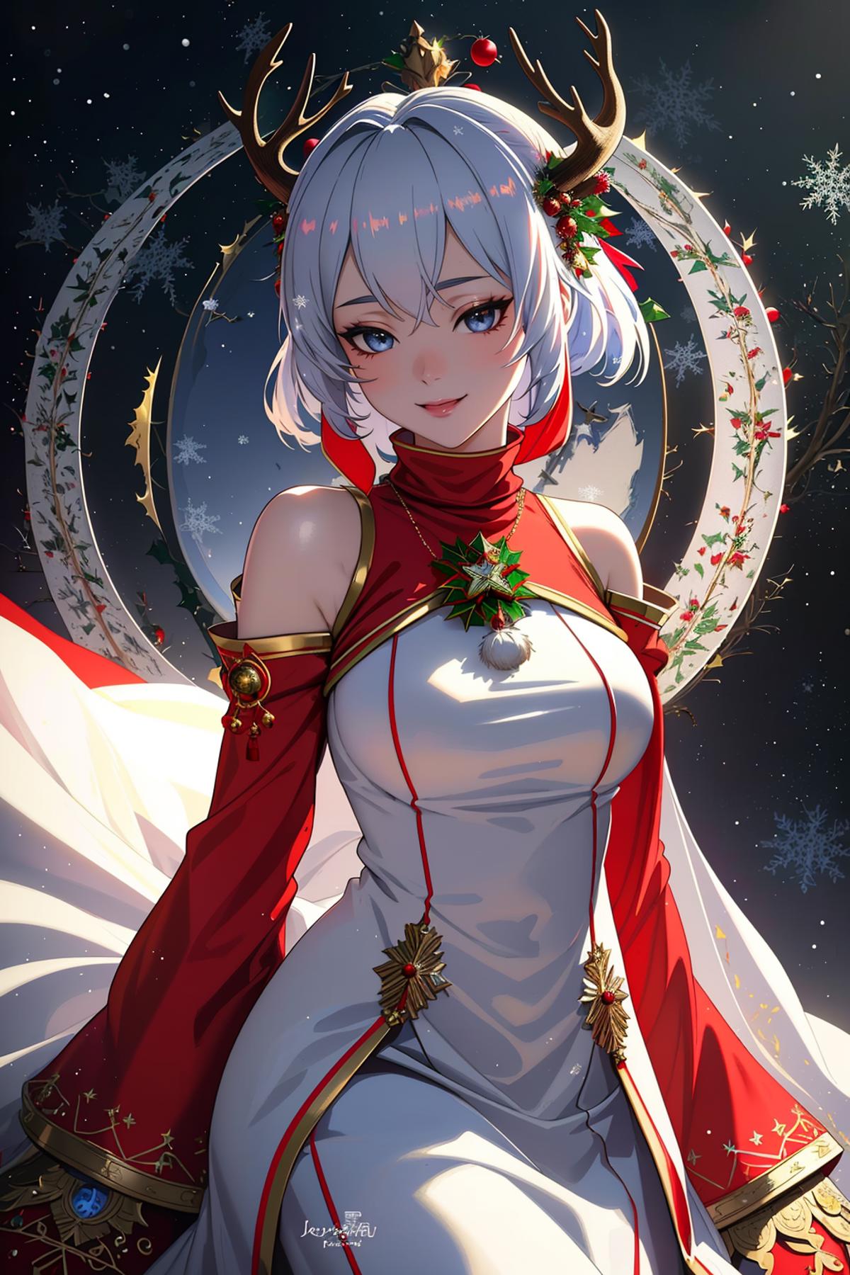 Anime Artwork of a Woman with White Hair and Blue Eyes Wearing a Red and White Dress.