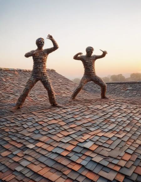 A surreal and vibrant scene where roof shingles come to life and perform a playful concert at sunset, with mad-shingles as the main musicians and dancing performers. <lora:Shingles_SDXL:1>