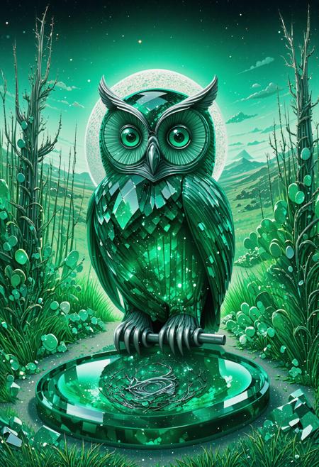(art by David Cronenberg:1.2) , masterpiece Airbrush painting, desolate Fields of wildflowers with Pine needle carpet, highly detailed, landscape of a (emeraldmorphï¼ , the owl made of jade is crystal clear, sparkling, detailed, and surreal:1.3) from inside of a Shopping mall, Moon in the night, Illustration, Radiant, Generative Art, strong side key lights, F/1.8, BW, DayGlo and electric pink flakes, Batik, UHD, Flickr