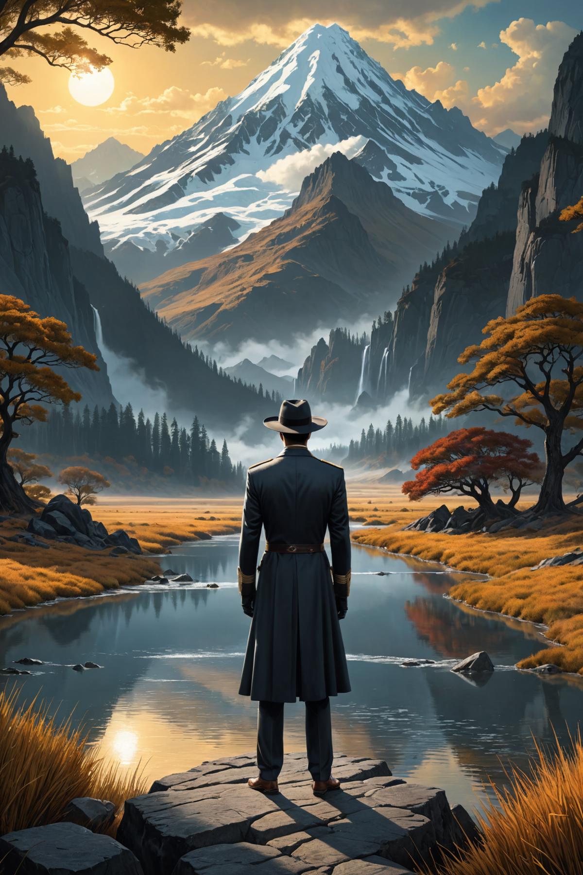 A Man in a Long Coat Standing by a River in a Mountainous Landscape