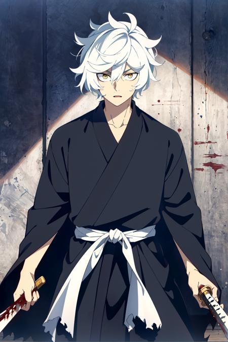 (masterpiece:1.2, best quality), Gabimaru, 1boy, male focus, holding katana, solo, white hair, yellow eyes, looking at viewer, torn clothes, black robe, white belt,  open mouth, closed mounth, indoor prison cell, blood splashes, blood, cowboy shot, detailed background, complex structures