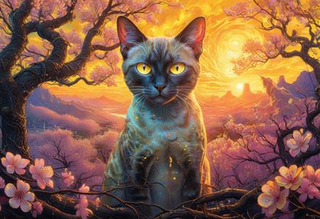 PsychadelicChaos, absurdres, high resolution, detailed, stylized by Alex Ross, Marc Silvestri, photograph, close up of a In a surreal landscape, the iconic Siamese Cat psychadeliced in a vibrant Enticing Yellow psychadelic is seen in front of a backdrop of cherry blossom flowers. at Sunset, Light, Gadgetpunk, Cold Lighting, Kodak portra 800, 80mm, One Color, <lora:Upgraders\Detail Tweaker XL:1.0>, <lora:Challenge\aidmaPsychadelicChaosWorldMorphXL-V0.1:1.0>