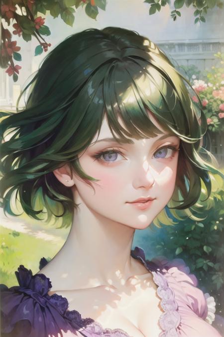 <lora:Victorian Anime Art v 2.0:0.3>,<lora:Victorian Anime Art:0.7>, (masterpiece, best quality:2.0), ((hyper detailed face, detailed eyes, best lighting, best shadows)), 1girl, girl posing for Monet, (art by Monet) , (green hair, purple eyes, bobcut:1.5), looking at viewer, standing in a pool