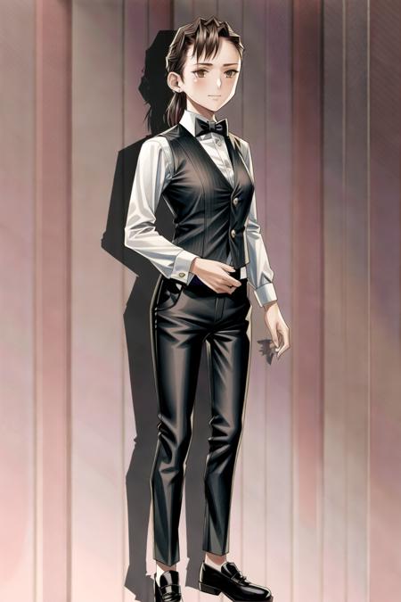 1girl,standing,facing viewer,looking at viewer,arms at sides,white shirt,black vest,black bowtie,black pants,leather shoes,milliesa,black hair,pontytail,in casino,<lora:MillieSA:0.8>, <lora:add_detail:1.5>