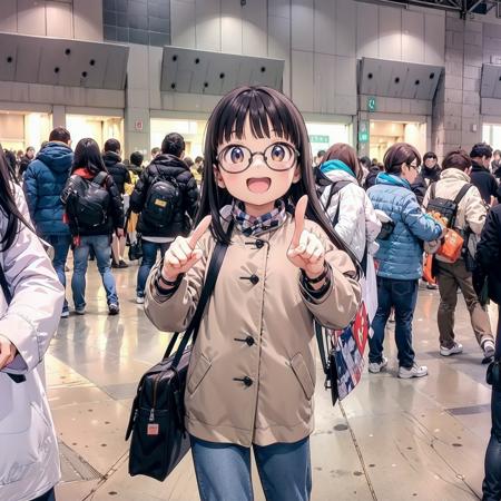 best quality, ultra-detailed, illustration,
1girl, solo, glasses, black hair, long hair, field jacket, jeans, black bag, smile, laughing, pointing at another, looking at viewer, 
comiket, photo background, scenery, real world location, 6+boys, crowd, indoors
 <lora:comiket_SD15_C103:1>