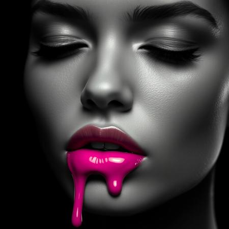 A close-up, monochromatic portrait of a woman's face, with her eyes gently closed, exuding an aura of calm and allure. Her skin is rendered in smooth grayscale, creating a striking contrast against her glossy, vividly colored lips painted in a bright, dripping fuchsia pink. The lips appear wet and lustrous, with a thick drip of the vibrant color flowing down her chin, evoking a sense of surreal elegance and mystery. The black background adds a sense of depth and isolation, enhancing the focus on her facial features and the dramatic color of her lips. The lighting is soft yet precise, casting subtle shadows and highlighting the contours of her face. The overall style is hyper-realistic with an artistic, high-fashion editorial vibe, emphasizing texture, contrast, and the vividness of the pink color in an otherwise grayscale composition