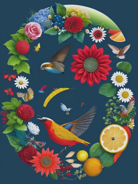 <lyco:MariaSibyllaMerian:1.0> create a circle logo featuring Turkish-style flowers, birds, insects and fish, hyperrealistic