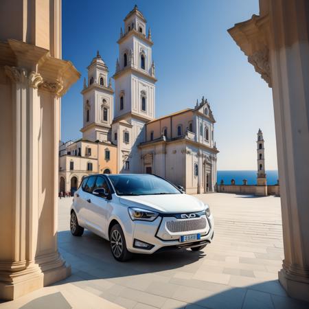 .  (from above:0.6), a sugar paper blue evo car in ((empty)) (dm) plaza in front of the baroque duomo with the tower with a marble statue of the Saint, focus on the evo car, the adriatic sea in the behind, early morning atmosphere in a summer day <lora:evo_car-dm_plaza_D-adaptation-LoRA_SD21-768_v045-000010:0.9> by Alex Andreev  <lora:AlexAndreev:0.3>