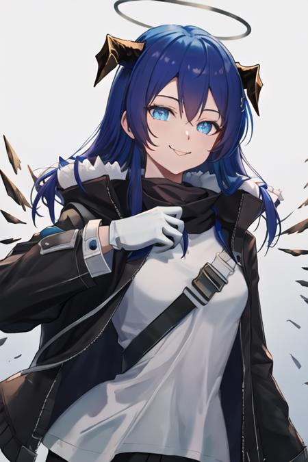 best quality, masterpiece, highres, solo, {mostima_arknights:1.15}, blue_hair, long_hair, horns, blue_eyes, halo, demon_horns, bangs, smile, upper_body, closed_mouth, wings, hair_between_eyes, 1girl, black_jacket, jacket, fur_trim, portrait, looking_at_viewer, simple_background, fur-trimmed_jacket