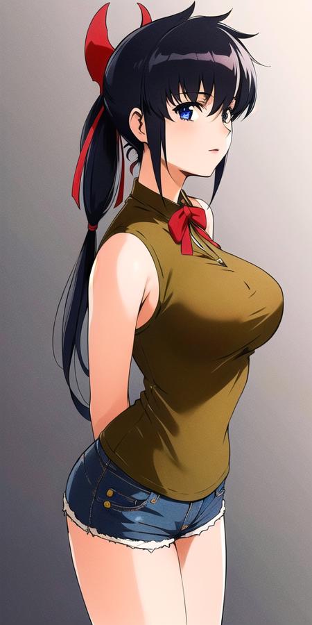 <lyco:LisaPacifistV2:.75>, LisaPacifist, large breasts, standing, solo,denim shorts,  arms behind back, hair bun, hair_bow, low twintails,, masterpiece, best quality, detailed face, detailed eyes, highres,