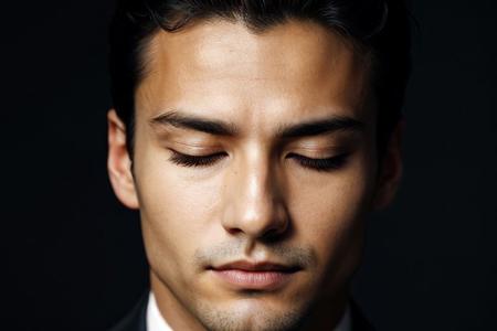 face closeup,closed eyes,elegant men,dark theme, detailed skin, empty background