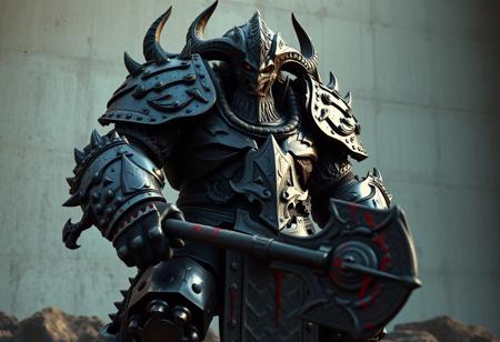 A monolithic armored beast, imposing presence, horned helmet, intricate dark brutal forged armor. Holding a large bloodied mace, hand resting on armored knee. Fierce expression, sharp teeth visible. Stark concrete battleground wall. Battle-worn victor. Octane Render, Unreal Engine 5, Hyperrealistic, Hyperdetailed, Concept Art, Trending on ArtstationHQ, Golden Ratio, Cinematic, Captivating lighting, high contrast, Creative angle, Depth of Field, 8k.