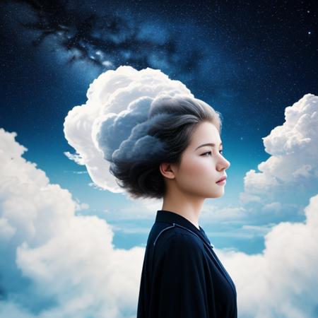 woman cloud, hair is clouds, backround is night sky