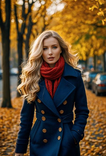 (masterpiece, best quality, ultra detailed, photorealistic, 8k, RAW photo, absurdres, high resolution, sharp focus, intricate details, realistic textures, volumetric lighting, dramatic lighting, studio lighting, filmic, cinematic composition), A poetic stunning caucasian female singer, highly detailed portrait, walking down a vibrant, leaf-covered autumn street, wearing a textured vintage red scarf and a well-fitted navy peacoat. Her very long, flowing voluminous waves sun-kissed blonde hair is dynamically blowing in the wind, revealing piercing deep blue eyes filled with profound longing. The background features softly falling autumn leaves, creating a dreamlike atmosphere. The image has rich, warm vintage tones. Golden hour lighting, shallow depth of field, bokeh effect. ((sfw)).