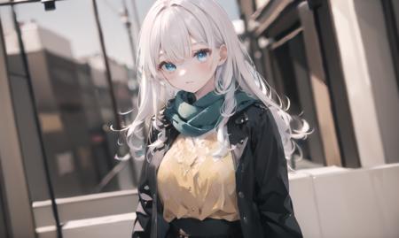 finely detail, Depth of field,best quality, illustration,highres,intricate detail, an extremely delicate and beautiful,
1girl, long hair, shirt, yellow shirt, (namess koishi:0.4), disheveled hair, breasts black jacket, black sleeves,white hair, green scarf, blue eyes, ,skirt,  
city,  <lora:20240107-1704597280257-0013:0.75>