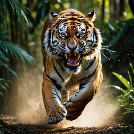 Powerful tiger in mid-pounce, intense, piercing eyes locked on prey, fully extended claws, dynamic muscle tension, deep jungle setting, stark contrast between bright fur and dark foliage, heightened sense of motion, imminent attack captured, detailed fur texture, foreboding shadows, atmospheric jungle light, heightened realism, Kodak film quality, 8K UHD sharpness.