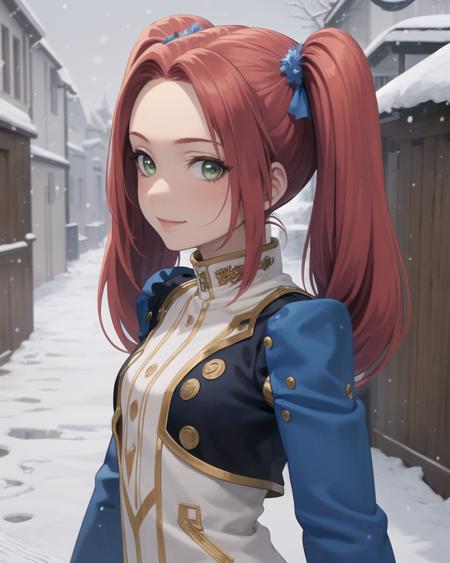 best quality, (masterpiece:1.2), illustration, absurdres,
(1girl, solo), (beautiful detailed girl),
<lora:Eleanor-08:0.9:>, Eleanor Hume, red hair, twintails,  green eyes, small breasts,
blue jacket,blue sleeves, long sleeves, white dress, ornate dress, white boots, thighhigh boots, 
winter, cold, snow, snowing, harbor, port, dark, stone buildings, cobblestone buildings, medieval village, viking village,
on back, (upper body, portrait),,
happy, (looking at viewer),