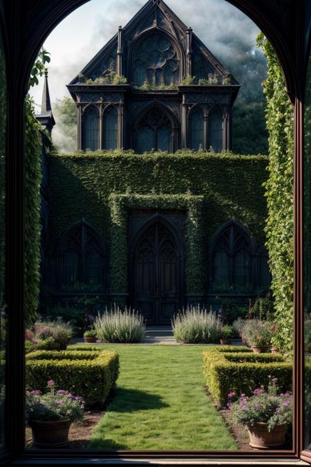 garden gothic style, plant, flower, mirror, glass, mechanic, vines, dim light, epic, dramatic light, fog, dawn, dark, spooky, <lora:ARWBedroomGothic:1> <lora:add_detail:1> <lora:epi_noiseoffset2:0.6>