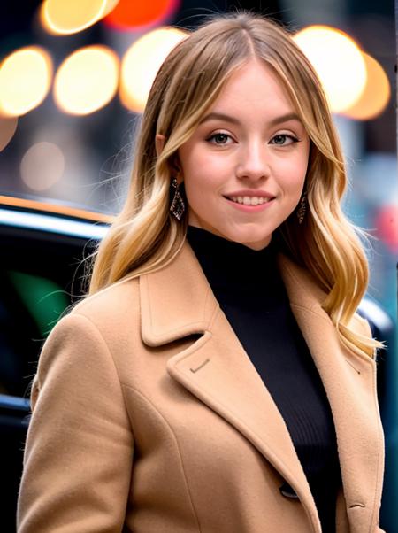 a close-up photo of sydsweeney97 smiling and wearing an elegant black dress and camel coat while walking in new york, night lights background, (high detailed skin:1.2), 8k UHD, DSLR, soft lighting, high quality, film grain, Fujifilm XT3