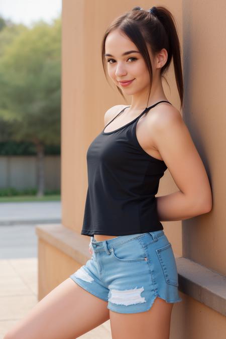 photo of dkttlr, wearing tanktop, shorts, smirk, outdoors
 <lora:DakotaTyler4-resized:0.85>