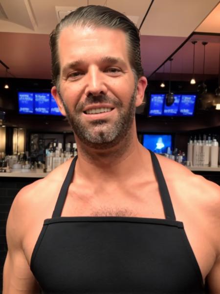 donaldtrumpjr person ((wearing lipstick)), a tight black leather BDSM tanktop at an applebees in Brooklyn.