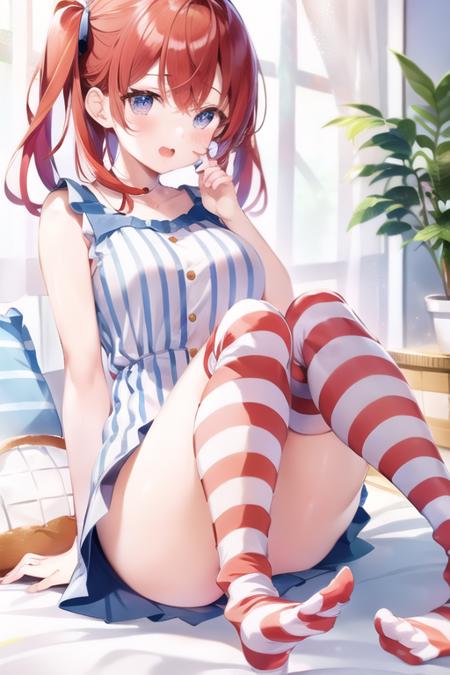 1girl,  <lora:WendyW:0.7>,  wendyw, striped socks, white and blue dress, red hair