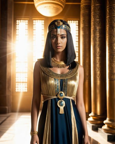 (RAW photo:1.4), (Realistic:1.3), (Highest Quality:1.6),  Cinematic Lighting, <lora:Cleopatra:0.6>1girl, cleopatra, Greek features, pharaoh,  cleopatras crown, blurry_foreground, depth_of_field, dress, solo, long black_hair, jewelry, dress, necklace, curtains <lora:egyptian_bob_hairstyle:0.45> egyptian_bob_hairstyle, <lora:add-detail-xl:1.2>,  <lora:Building_Egyptian:1.15>, (building_egyptian:1.3) background, (full body:1.4), shiny skin, rays of light, raytraced