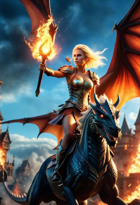 epic fantasy castel, beautiful realistic Dragon Rider warrior girl, flying in battle on a terrible dragon, 8k, blonde hair,fire, Burning town, ultra realistic, cinematic style, perfect athletic body, Attractive girl, dynamic lighting, defiant and seductive, cinematic colors Lighting