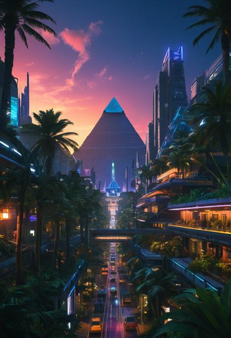 A futuristic, cyberpunk cityscape set in a tropical environment during the summer solstice. The scene features sleek, neon-lit skyscrapers and advanced architecture, but instead of the typical urban jungle, it is surrounded by lush, vibrant tropical vegetation and palm trees. The sky is a deep blue with a few fluffy white clouds, and the sun is high, casting a warm glow. The atmosphere is a blend of futuristic and tropical, with exotic flowers and greenery intertwined with metallic and glass structures. The lighting is bright and vivid, capturing the essence of a tropical solstice in a cyberpunk world. High-resolution, detailed textures, and a dynamic interplay of light and shadow
BREAK
(
night cityscape, skyscrapers, huge docked spaceship in the horizon,Egyptian pyramids tall  as the sky, multi layered highways that circle the  city center ,  illuminated buildings, neon lights, urban skyline, futuristic, cyberpunk aesthetic, sunrise, atmospheric haze, street lamps, architectural lighting, high-rise towers, city glow, modern metropolis, dynamic composition, wide shot:1.8)