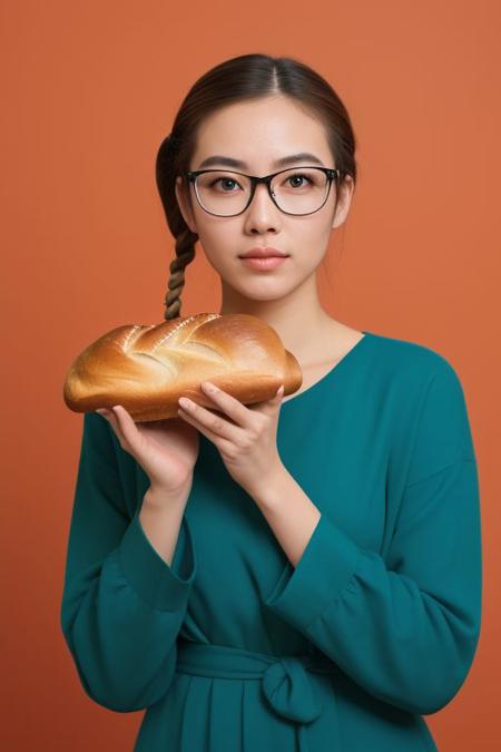 18 years old, Asia girl, ((dynamic poses)), full frontal nudity, (flat chest), middle breasts, cute, (wearing glasses), (braid_hair), pigtails, horny face, blush, shy, (gaze away from viewer),  holding a ((bread,puff)) (Urn) with ((two hands)) ,  (8k, RAW photo, best quality, ultra high res, photorealistic), masterpiece, absurdres, taken with Fujifilm X-T3 with 50mm f1.5 lens, ((orange and teal colored theme)) in style of wes anderson, key visual, vibrant, highly detailed,