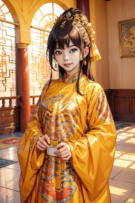 1girl, breast outline, yellow dragon_gown, indoor, masterpiece, best quality,  ancient eastern palace,  inside Forbidden City,  <lora:dragon_gown_v1:0.67>