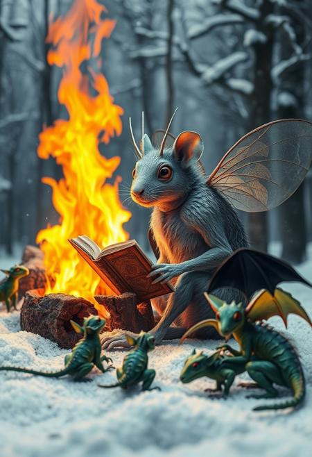 surreal VFX, big half -rat half-fly  creature with transparent wings low on the body, silver antennae and chubby neck sitting by  a  big campfire and reading an only one  old book of fairy tales, sitting with a group of little green dragons with dark green wings seen under an electron scanning microscope, with details, snow, snowy, winter forest, vivid colors