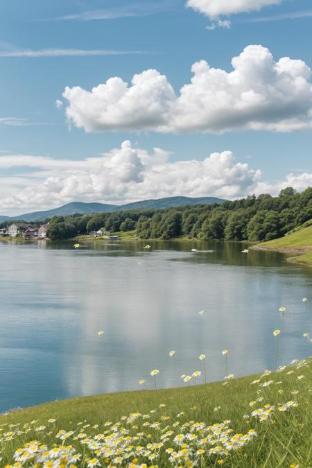 serene lakeside surrounded by blooming camomile flowers, calm reflective water, soft clouds drifting above, green hills in the background, petals floating on the water's edge, peaceful and elegant nature scene, DSLR-level detail, fresh and bright daylight, perfect natural lighting