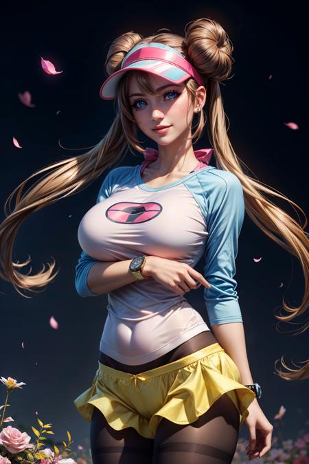 zzRosa, hair bun, blue eyes, twintails,  visor cap, pantyhose, raglan sleeves, yellow shorts, shirt, pink bow, wristwatch,