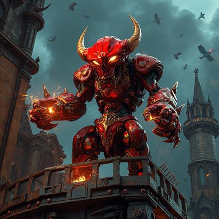 "Ultra-detailed 3D render of a Steel Ogre Grotto, a towering crimson-red mechanoid with gold filigree armor plating, featuring an oversized hammerhead skull glowing with molten circuitry and a compact, heavily-jointed body. Standing in a defensive stance atop a crumbling balcony of the Phantom Fortress Enterblathnir, its piston-driven fists crackle with energy. The fortress looms with gothic spires, floating debris, and holographic siege maps projected across corroded iron walls. Dramatic low-angle shot with Unreal Engine 5 realism, Octane Render textures, and Raphael-style chiaroscuro lighting. Metallic surfaces reflect ember-like sparks, while splash ink weathering effects blend with dieselpunk rivet detailing. 8K resolution, ArtStation-trending composition, golden ratio framing, dominated by vermillion and burnished gold with chromatic aberration flares."