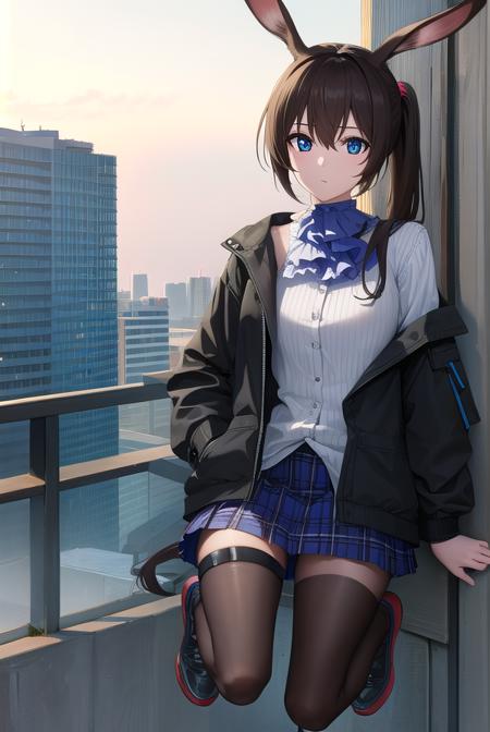 arknightsamiya, animal ears, blue eyes, brown hair, hair between eyes, ponytail, rabbit ears, rabbit girl, sidelocks, anklet, ascot, black jacket, blue ascot, blue collar, blue footwear, blue skirt, brown pantyhose, buttons, collar, jacket, jewelry, long sleeves, miniskirt, multicolored clothes, multicolored jacket, open clothes, open jacket, pantyhose, plaid, plaid skirt, pleated skirt, pocket, puffy long sleeves, puffy sleeves, red ribbon, ribbon, ring, shirt, skirt, striped, striped shirt, thighlet, two-tone jacket, vertical stripes, vertical-striped shirt, (white shirt:1.5),