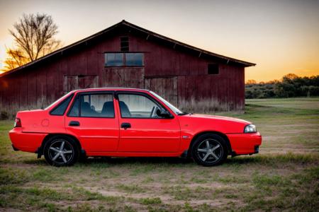 NEXIA, parked in front of an abandoned red barn near a sprawling corn field, masterpiece, award winning, hyper realistic, natural lighting, sunset:1.0, muted colors, sharp focus, smooth, intricate details, 8k wallpaper, trending on artstation
 <lora:NEXIA:1>