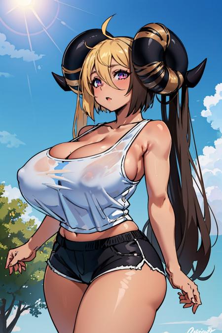 masterpiece, best quality, aife, split-color hair, horns, cleavage, white tank top, shiny skin, huge breasts, black shorts, thick thighs, standing, cowboy shot, tree, park, clouds, sky <lora:aife-nvwls-v1-000010:0.9>