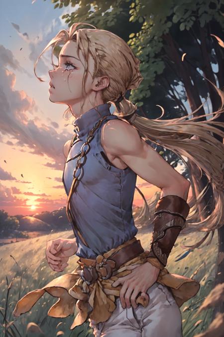 JowyAtreides, blue shirt, white pants, yellow belt, sleeveless,  1boy, solo,   blonde hair, low ponytail, running, sunset, grass, from side, tears, wind, <lora:JowyAterides_Suikoden2V1.1:1>