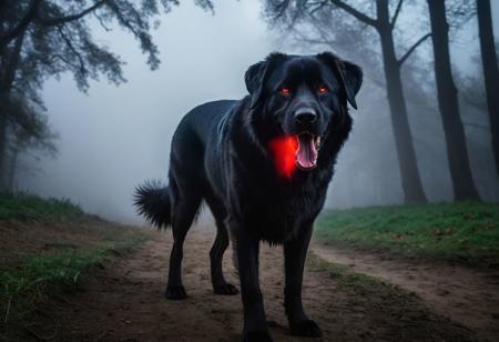 black ghostly demonic big dog made of fog with scarlet shining eyes, huge fangs and a long tail in a park, eetie, gloomy, ominous, dangerous, in dark valley