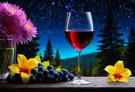 Fantasy glass of wine lit by a bright star, glittering flowers in the background, forest, light, sparkle, fine art, extreme detail, photorealistic, matte painting" ultra high detail, detailed, black bg, night bg, rainbow color, ceramics, this digital painting, high detail, complex, complex pose, clarity, high quality, center alignment, Miki Asai Macro photography, detail, hyper detail, art station trends, sharp focus, studio photography, complex detail, high detail, by greg rutkowski<lora:xl_more_art -full_v1:0.4>