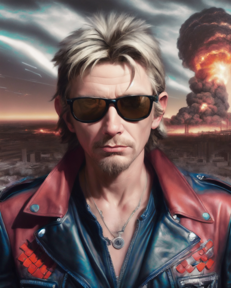 a man in a leather jacket and sunglasses with a large explosion in the background of the picture behind him, hyperrealism, Andor Basch, hyper realism, a character portrait,  <lyco:add_detail:1.2>