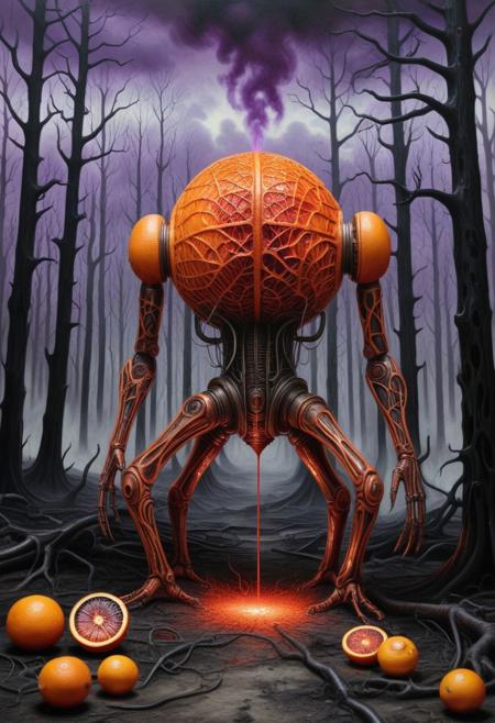 Create a meticulously detailed oil painting-style illustration inspired by the surrealist industrial aesthetic of artists such as H.R. Giger or Dariusz Zawadzki, depicting a biomechanical forest shrouded in metallic haze and iridescent soot. The scene is set on a night when the air is heavy with charred particles that glow like dead embers, diffusing an otherworldly light. The trees are hybrid structures, their trunks composed of blood orange style fibers woven together like artificial muscles, their polished surfaces reflecting shades of graphite and purple under a turbulent sky. The ground is covered in blood orange style composite fragments and viscous residue, heightening the atmosphere of technological decay. The environment emanates a low hum, as if the landscape itself is imbued with the memory of an abandoned foundry. blood orange style World.