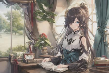 solo,1girl,Azure Empyrea,masterpiece,best quality, <lora:Fu Hua_Azure Empyrea_v6:0.8>,indoors,desk,window, sunlight,book,chinese clothes, looking at viewer,